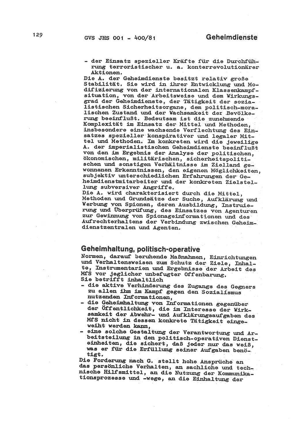 Wörterbuch der politisch-operativen Arbeit, Ministerium für Staatssicherheit (MfS) [Deutsche Demokratische Republik (DDR)], Juristische Hochschule (JHS), Geheime Verschlußsache (GVS) o001-400/81, Potsdam 1985, Blatt 129 (Wb. pol.-op. Arb. MfS DDR JHS GVS o001-400/81 1985, Bl. 129)