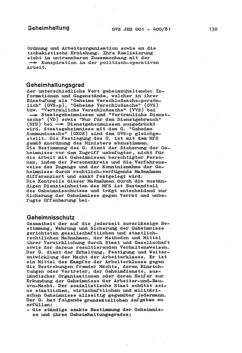 Wörterbuch der politisch-operativen Arbeit, Ministerium für Staatssicherheit (MfS) [Deutsche Demokratische Republik (DDR)], Juristische Hochschule (JHS), Geheime Verschlußsache (GVS) o001-400/81, Potsdam 1985, Blatt 130 (Wb. pol.-op. Arb. MfS DDR JHS GVS o001-400/81 1985, Bl. 130)