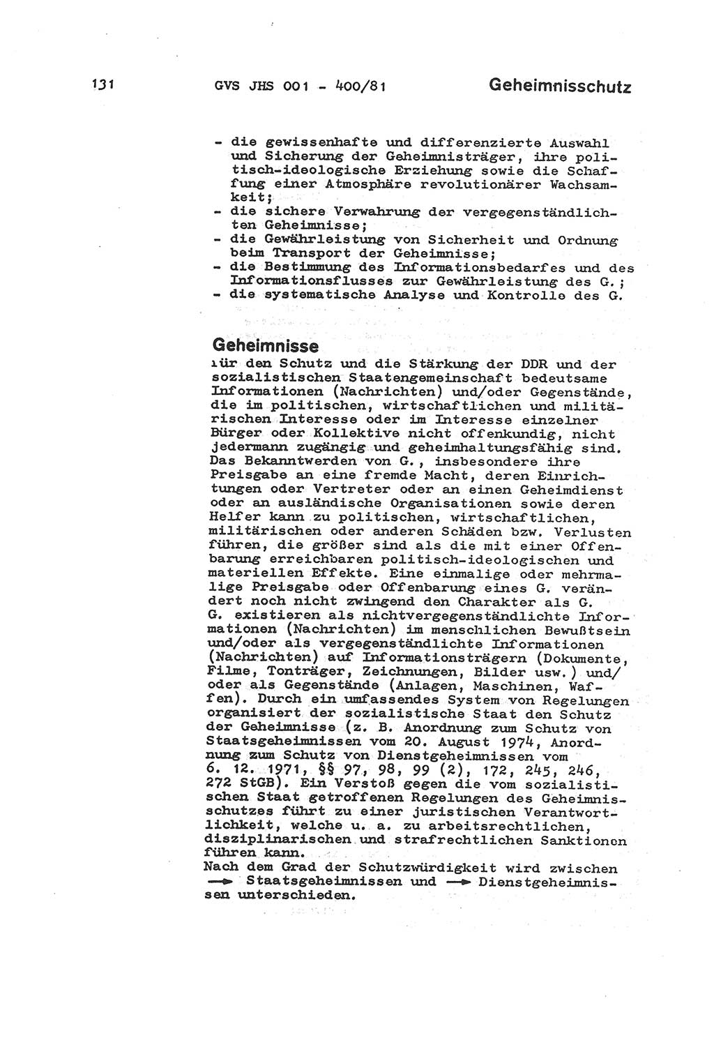 Wörterbuch der politisch-operativen Arbeit, Ministerium für Staatssicherheit (MfS) [Deutsche Demokratische Republik (DDR)], Juristische Hochschule (JHS), Geheime Verschlußsache (GVS) o001-400/81, Potsdam 1985, Blatt 131 (Wb. pol.-op. Arb. MfS DDR JHS GVS o001-400/81 1985, Bl. 131)