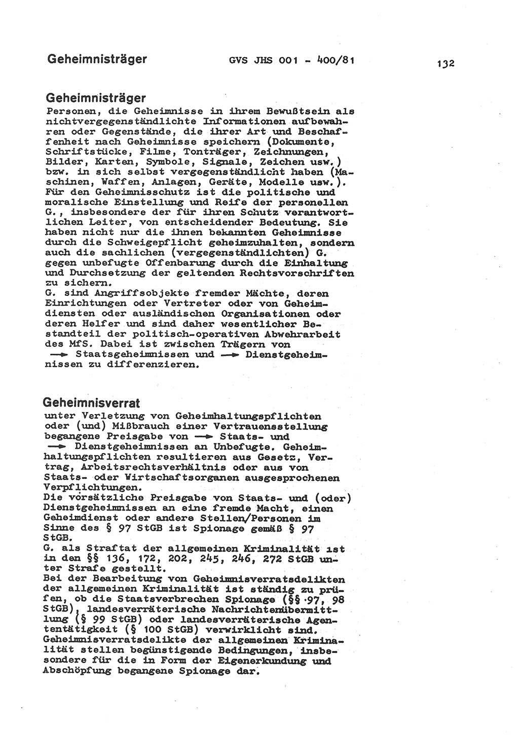 Wörterbuch der politisch-operativen Arbeit, Ministerium für Staatssicherheit (MfS) [Deutsche Demokratische Republik (DDR)], Juristische Hochschule (JHS), Geheime Verschlußsache (GVS) o001-400/81, Potsdam 1985, Blatt 132 (Wb. pol.-op. Arb. MfS DDR JHS GVS o001-400/81 1985, Bl. 132)