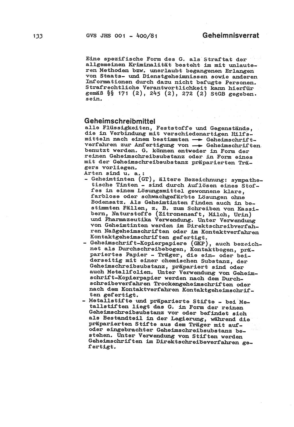 Wörterbuch der politisch-operativen Arbeit, Ministerium für Staatssicherheit (MfS) [Deutsche Demokratische Republik (DDR)], Juristische Hochschule (JHS), Geheime Verschlußsache (GVS) o001-400/81, Potsdam 1985, Blatt 133 (Wb. pol.-op. Arb. MfS DDR JHS GVS o001-400/81 1985, Bl. 133)