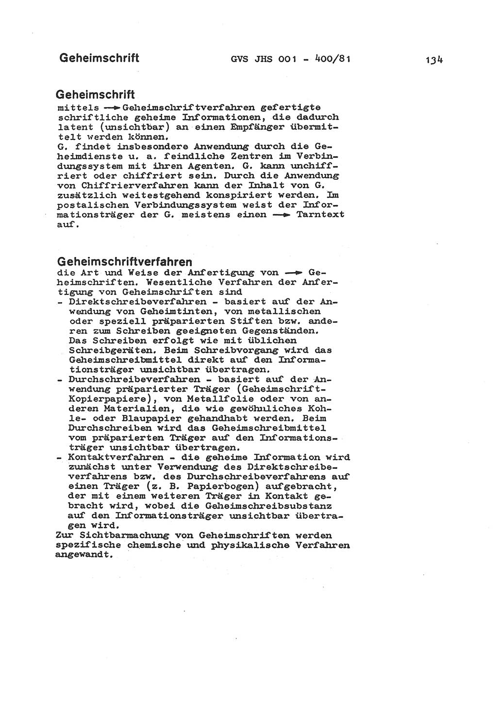 Wörterbuch der politisch-operativen Arbeit, Ministerium für Staatssicherheit (MfS) [Deutsche Demokratische Republik (DDR)], Juristische Hochschule (JHS), Geheime Verschlußsache (GVS) o001-400/81, Potsdam 1985, Blatt 134 (Wb. pol.-op. Arb. MfS DDR JHS GVS o001-400/81 1985, Bl. 134)