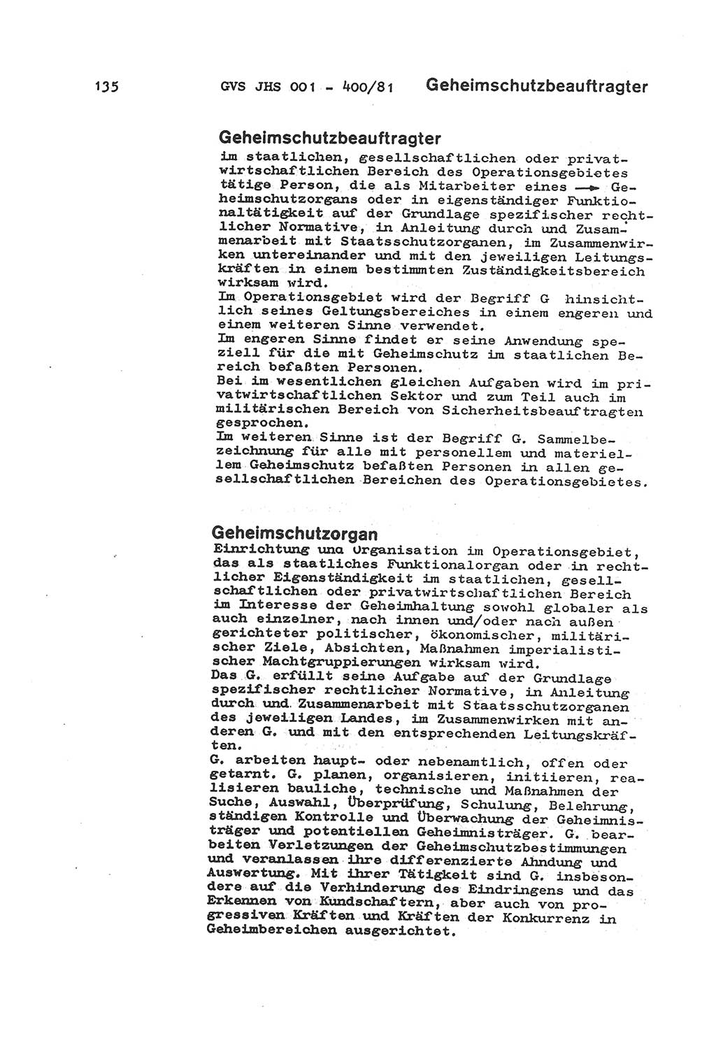 Wörterbuch der politisch-operativen Arbeit, Ministerium für Staatssicherheit (MfS) [Deutsche Demokratische Republik (DDR)], Juristische Hochschule (JHS), Geheime Verschlußsache (GVS) o001-400/81, Potsdam 1985, Blatt 135 (Wb. pol.-op. Arb. MfS DDR JHS GVS o001-400/81 1985, Bl. 135)