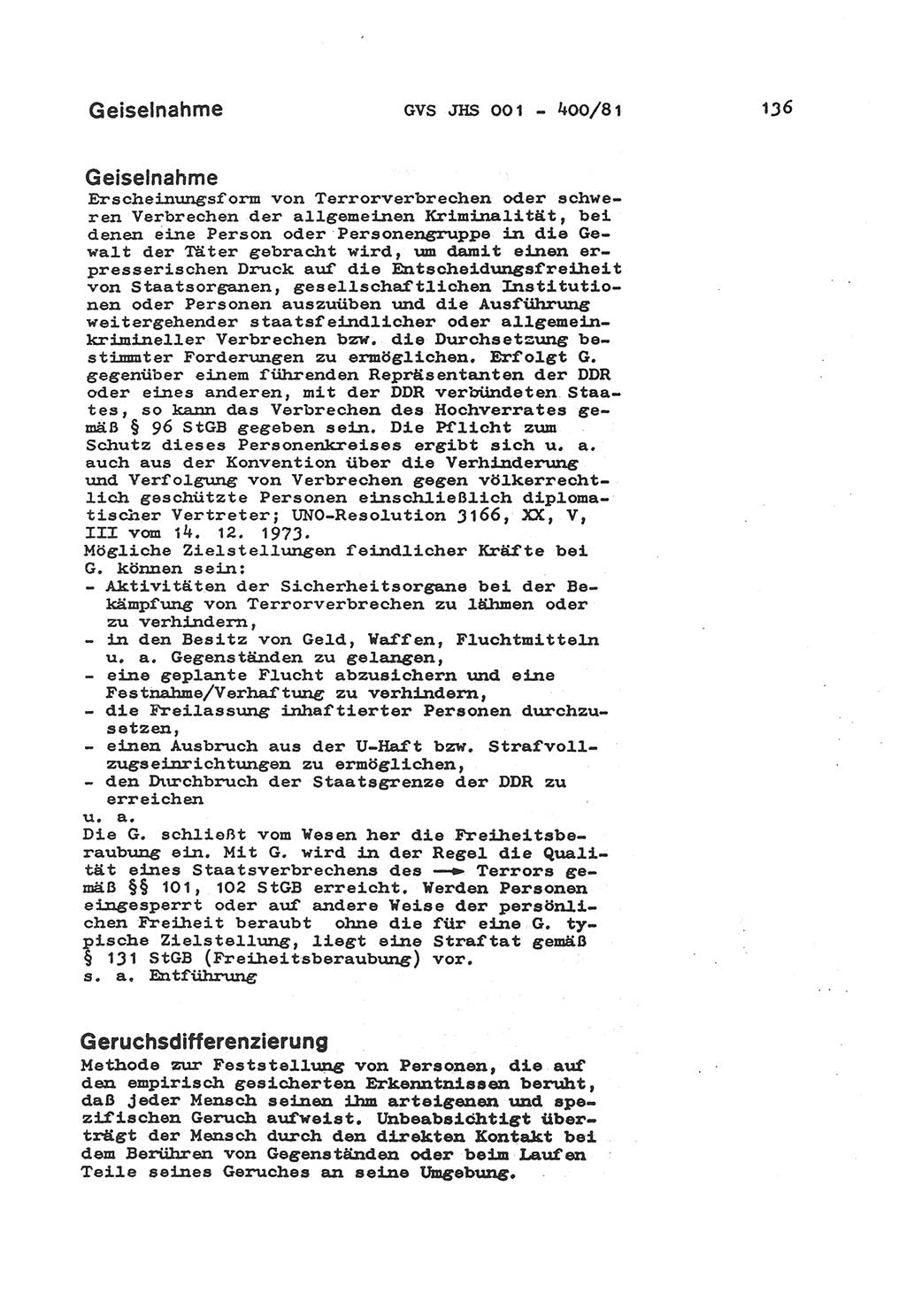 Wörterbuch der politisch-operativen Arbeit, Ministerium für Staatssicherheit (MfS) [Deutsche Demokratische Republik (DDR)], Juristische Hochschule (JHS), Geheime Verschlußsache (GVS) o001-400/81, Potsdam 1985, Blatt 136 (Wb. pol.-op. Arb. MfS DDR JHS GVS o001-400/81 1985, Bl. 136)