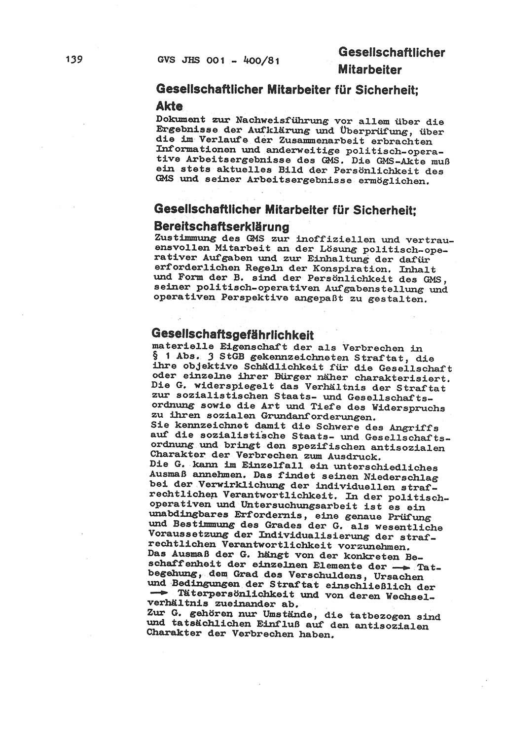 Wörterbuch der politisch-operativen Arbeit, Ministerium für Staatssicherheit (MfS) [Deutsche Demokratische Republik (DDR)], Juristische Hochschule (JHS), Geheime Verschlußsache (GVS) o001-400/81, Potsdam 1985, Blatt 139 (Wb. pol.-op. Arb. MfS DDR JHS GVS o001-400/81 1985, Bl. 139)