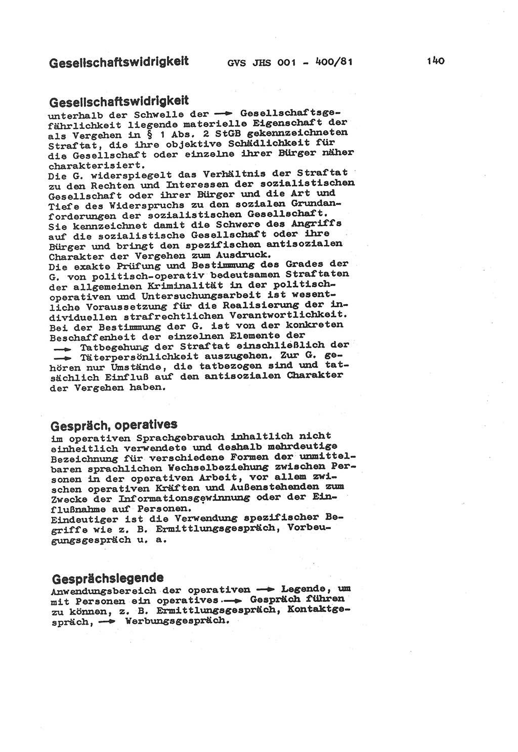 Wörterbuch der politisch-operativen Arbeit, Ministerium für Staatssicherheit (MfS) [Deutsche Demokratische Republik (DDR)], Juristische Hochschule (JHS), Geheime Verschlußsache (GVS) o001-400/81, Potsdam 1985, Blatt 140 (Wb. pol.-op. Arb. MfS DDR JHS GVS o001-400/81 1985, Bl. 140)