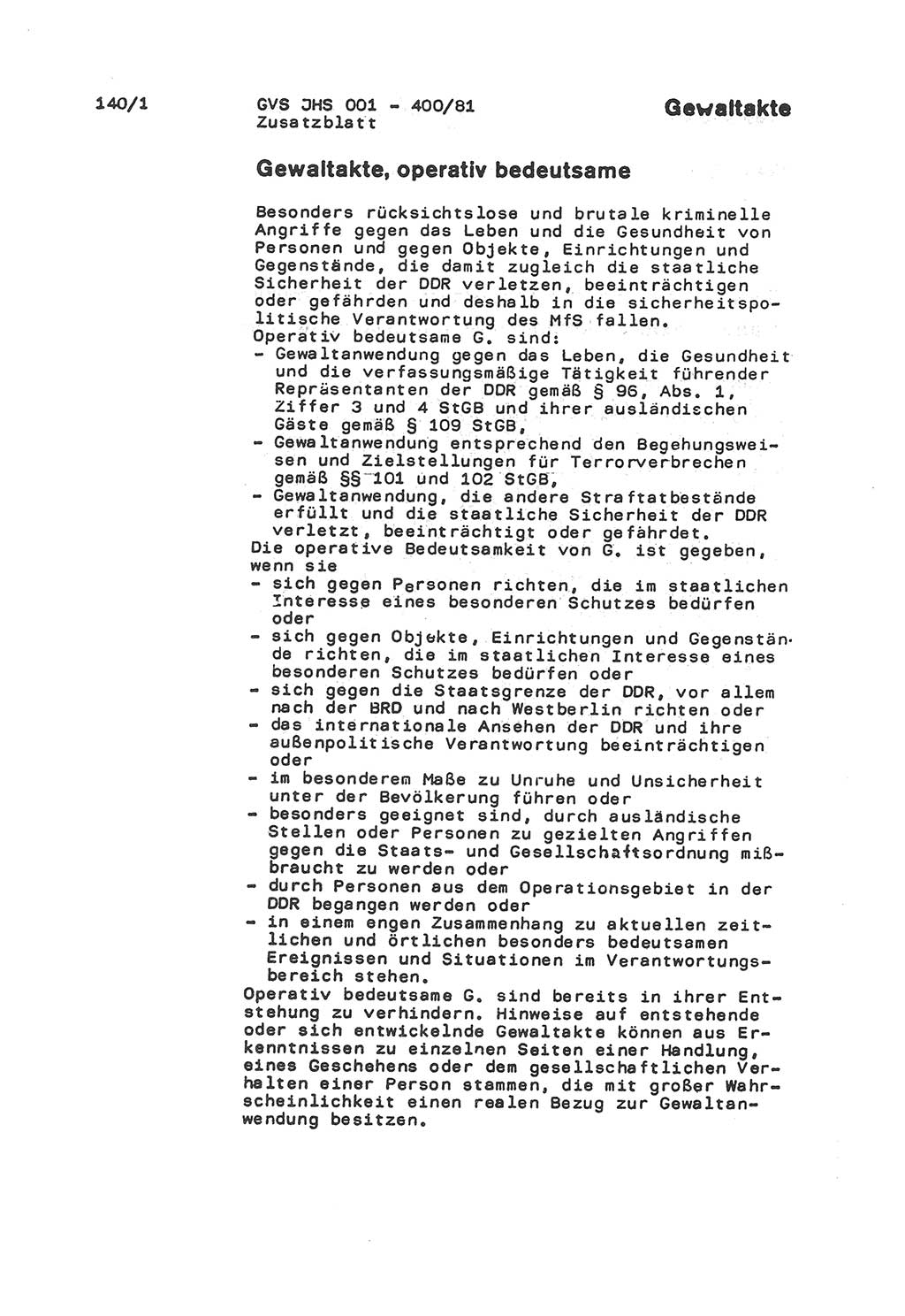 Wörterbuch der politisch-operativen Arbeit, Ministerium für Staatssicherheit (MfS) [Deutsche Demokratische Republik (DDR)], Juristische Hochschule (JHS), Geheime Verschlußsache (GVS) o001-400/81, Potsdam 1985, Blatt 140/1 (Wb. pol.-op. Arb. MfS DDR JHS GVS o001-400/81 1985, Bl. 140/1)