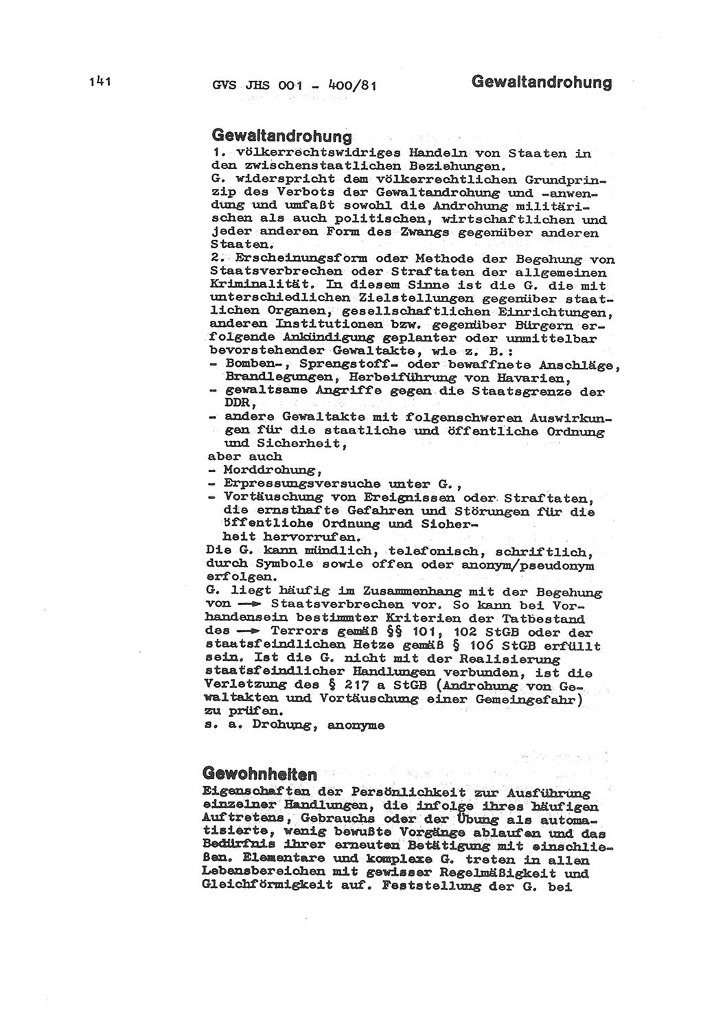 Wörterbuch der politisch-operativen Arbeit, Ministerium für Staatssicherheit (MfS) [Deutsche Demokratische Republik (DDR)], Juristische Hochschule (JHS), Geheime Verschlußsache (GVS) o001-400/81, Potsdam 1985, Blatt 141 (Wb. pol.-op. Arb. MfS DDR JHS GVS o001-400/81 1985, Bl. 141)