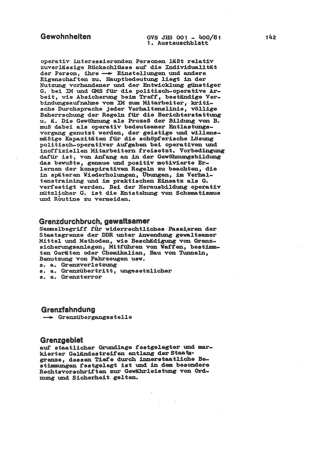 Wörterbuch der politisch-operativen Arbeit, Ministerium für Staatssicherheit (MfS) [Deutsche Demokratische Republik (DDR)], Juristische Hochschule (JHS), Geheime Verschlußsache (GVS) o001-400/81, Potsdam 1985, Blatt 142 (Wb. pol.-op. Arb. MfS DDR JHS GVS o001-400/81 1985, Bl. 142)