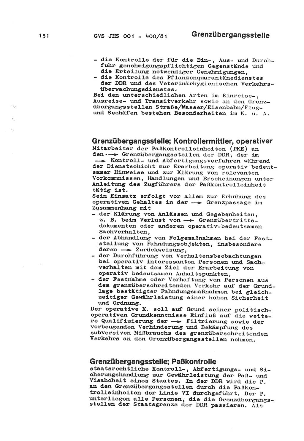 Wörterbuch der politisch-operativen Arbeit, Ministerium für Staatssicherheit (MfS) [Deutsche Demokratische Republik (DDR)], Juristische Hochschule (JHS), Geheime Verschlußsache (GVS) o001-400/81, Potsdam 1985, Blatt 151 (Wb. pol.-op. Arb. MfS DDR JHS GVS o001-400/81 1985, Bl. 151)