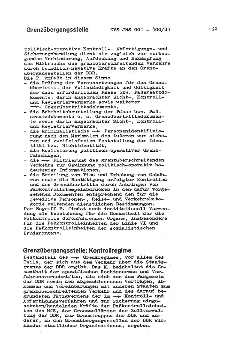 Wörterbuch der politisch-operativen Arbeit, Ministerium für Staatssicherheit (MfS) [Deutsche Demokratische Republik (DDR)], Juristische Hochschule (JHS), Geheime Verschlußsache (GVS) o001-400/81, Potsdam 1985, Blatt 152 (Wb. pol.-op. Arb. MfS DDR JHS GVS o001-400/81 1985, Bl. 152)