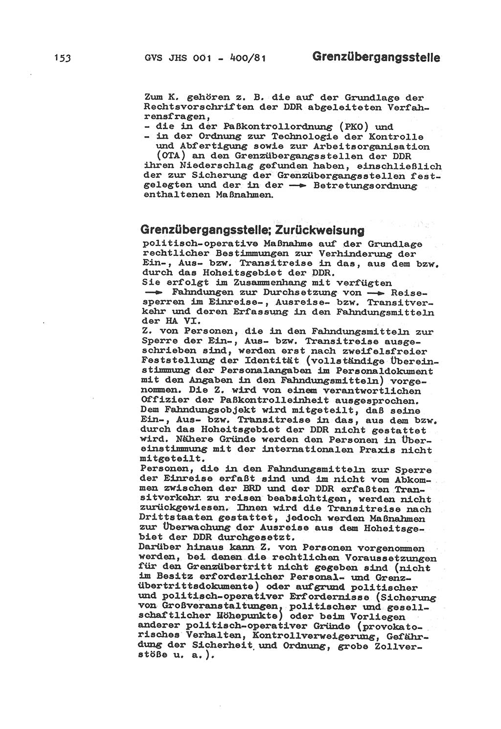 Wörterbuch der politisch-operativen Arbeit, Ministerium für Staatssicherheit (MfS) [Deutsche Demokratische Republik (DDR)], Juristische Hochschule (JHS), Geheime Verschlußsache (GVS) o001-400/81, Potsdam 1985, Blatt 153 (Wb. pol.-op. Arb. MfS DDR JHS GVS o001-400/81 1985, Bl. 153)