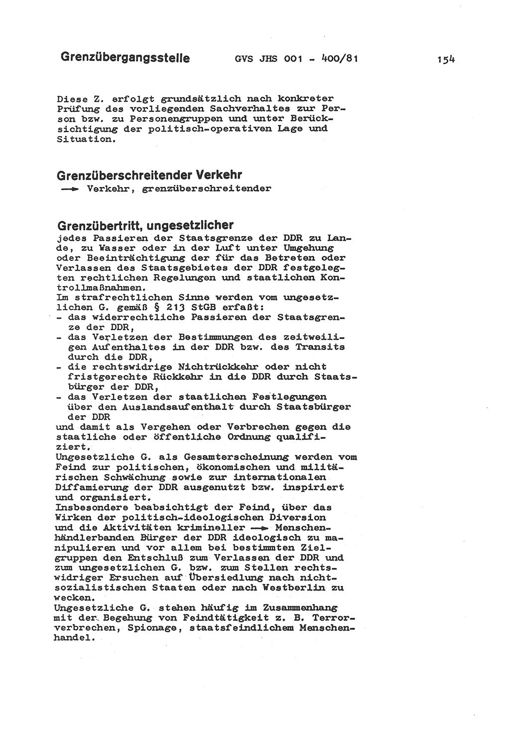 Wörterbuch der politisch-operativen Arbeit, Ministerium für Staatssicherheit (MfS) [Deutsche Demokratische Republik (DDR)], Juristische Hochschule (JHS), Geheime Verschlußsache (GVS) o001-400/81, Potsdam 1985, Blatt 154 (Wb. pol.-op. Arb. MfS DDR JHS GVS o001-400/81 1985, Bl. 154)