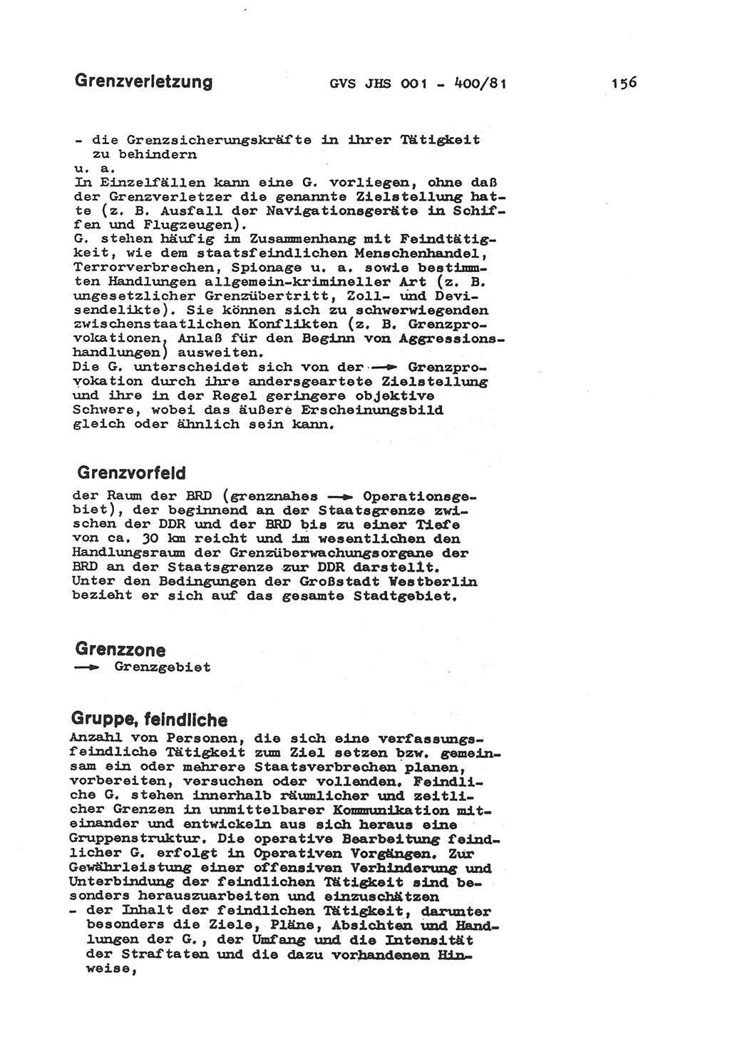 Wörterbuch der politisch-operativen Arbeit, Ministerium für Staatssicherheit (MfS) [Deutsche Demokratische Republik (DDR)], Juristische Hochschule (JHS), Geheime Verschlußsache (GVS) o001-400/81, Potsdam 1985, Blatt 156 (Wb. pol.-op. Arb. MfS DDR JHS GVS o001-400/81 1985, Bl. 156)