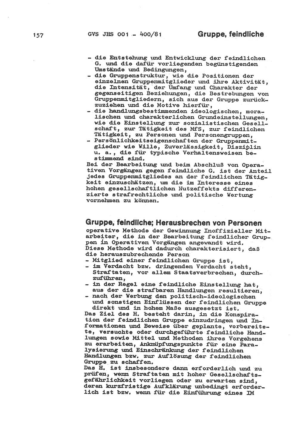 Wörterbuch der politisch-operativen Arbeit, Ministerium für Staatssicherheit (MfS) [Deutsche Demokratische Republik (DDR)], Juristische Hochschule (JHS), Geheime Verschlußsache (GVS) o001-400/81, Potsdam 1985, Blatt 157 (Wb. pol.-op. Arb. MfS DDR JHS GVS o001-400/81 1985, Bl. 157)