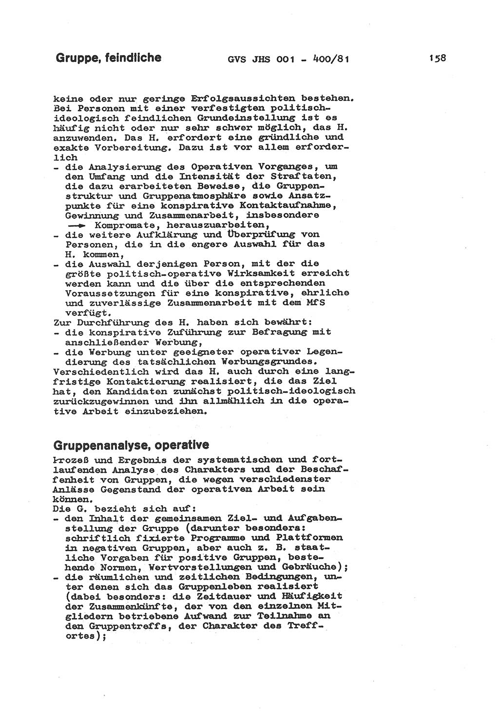 Wörterbuch der politisch-operativen Arbeit, Ministerium für Staatssicherheit (MfS) [Deutsche Demokratische Republik (DDR)], Juristische Hochschule (JHS), Geheime Verschlußsache (GVS) o001-400/81, Potsdam 1985, Blatt 158 (Wb. pol.-op. Arb. MfS DDR JHS GVS o001-400/81 1985, Bl. 158)