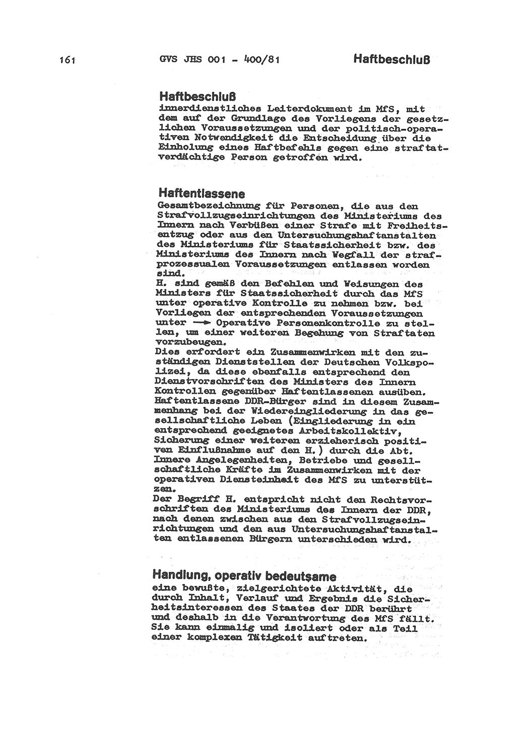 Wörterbuch der politisch-operativen Arbeit, Ministerium für Staatssicherheit (MfS) [Deutsche Demokratische Republik (DDR)], Juristische Hochschule (JHS), Geheime Verschlußsache (GVS) o001-400/81, Potsdam 1985, Blatt 161 (Wb. pol.-op. Arb. MfS DDR JHS GVS o001-400/81 1985, Bl. 161)