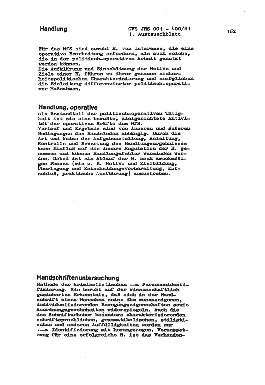 Wörterbuch der politisch-operativen Arbeit, Ministerium für Staatssicherheit (MfS) [Deutsche Demokratische Republik (DDR)], Juristische Hochschule (JHS), Geheime Verschlußsache (GVS) o001-400/81, Potsdam 1985, Blatt 162 (Wb. pol.-op. Arb. MfS DDR JHS GVS o001-400/81 1985, Bl. 162)