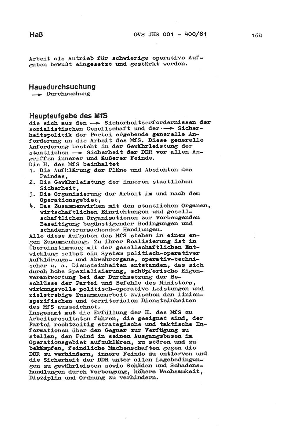 Wörterbuch der politisch-operativen Arbeit, Ministerium für Staatssicherheit (MfS) [Deutsche Demokratische Republik (DDR)], Juristische Hochschule (JHS), Geheime Verschlußsache (GVS) o001-400/81, Potsdam 1985, Blatt 164 (Wb. pol.-op. Arb. MfS DDR JHS GVS o001-400/81 1985, Bl. 164)