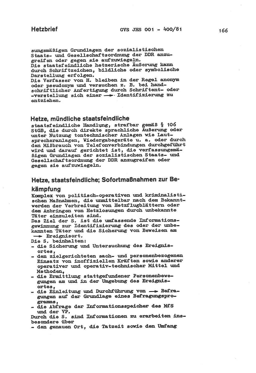 Wörterbuch der politisch-operativen Arbeit, Ministerium für Staatssicherheit (MfS) [Deutsche Demokratische Republik (DDR)], Juristische Hochschule (JHS), Geheime Verschlußsache (GVS) o001-400/81, Potsdam 1985, Blatt 166 (Wb. pol.-op. Arb. MfS DDR JHS GVS o001-400/81 1985, Bl. 166)