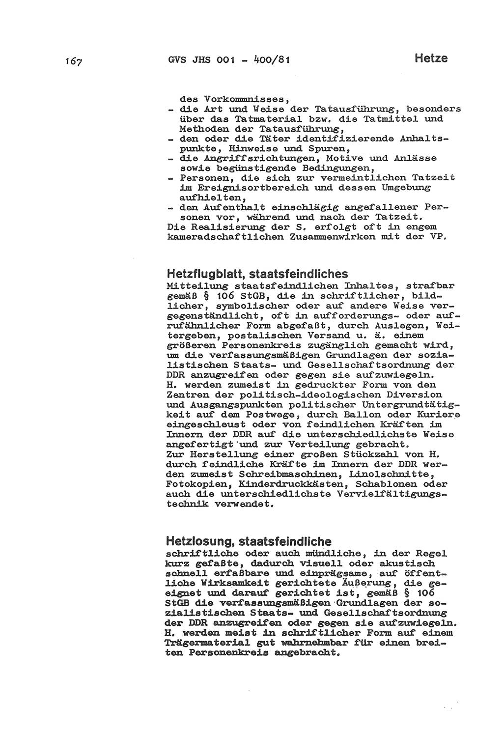 Wörterbuch der politisch-operativen Arbeit, Ministerium für Staatssicherheit (MfS) [Deutsche Demokratische Republik (DDR)], Juristische Hochschule (JHS), Geheime Verschlußsache (GVS) o001-400/81, Potsdam 1985, Blatt 167 (Wb. pol.-op. Arb. MfS DDR JHS GVS o001-400/81 1985, Bl. 167)