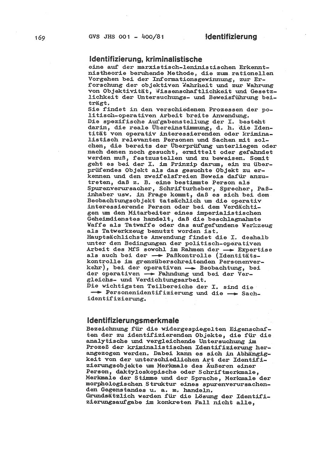 Wörterbuch der politisch-operativen Arbeit, Ministerium für Staatssicherheit (MfS) [Deutsche Demokratische Republik (DDR)], Juristische Hochschule (JHS), Geheime Verschlußsache (GVS) o001-400/81, Potsdam 1985, Blatt 169 (Wb. pol.-op. Arb. MfS DDR JHS GVS o001-400/81 1985, Bl. 169)