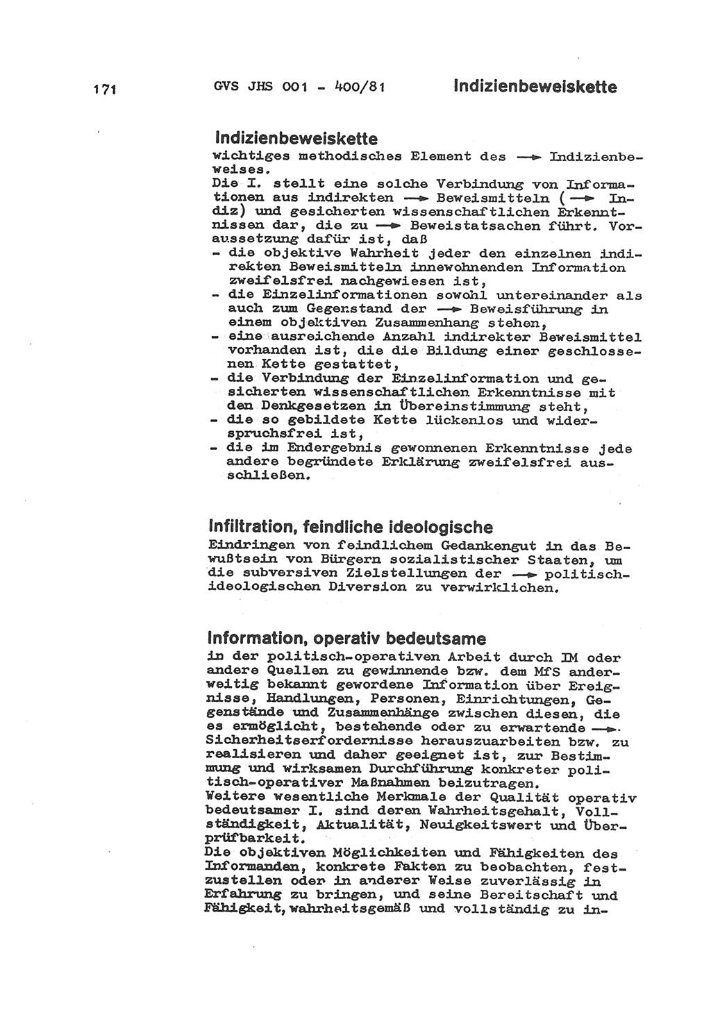 Wörterbuch der politisch-operativen Arbeit, Ministerium für Staatssicherheit (MfS) [Deutsche Demokratische Republik (DDR)], Juristische Hochschule (JHS), Geheime Verschlußsache (GVS) o001-400/81, Potsdam 1985, Blatt 171 (Wb. pol.-op. Arb. MfS DDR JHS GVS o001-400/81 1985, Bl. 171)