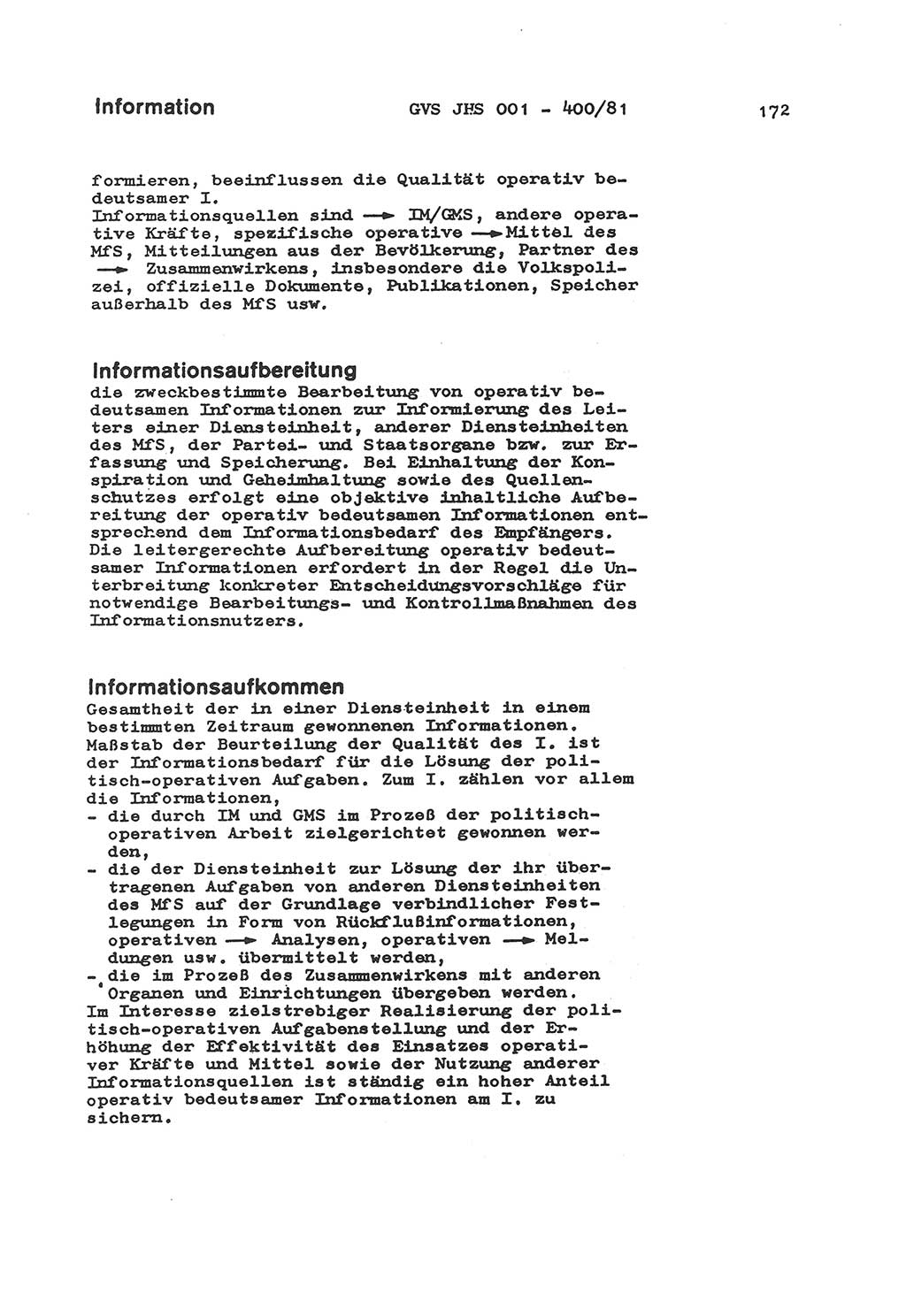 Wörterbuch der politisch-operativen Arbeit, Ministerium für Staatssicherheit (MfS) [Deutsche Demokratische Republik (DDR)], Juristische Hochschule (JHS), Geheime Verschlußsache (GVS) o001-400/81, Potsdam 1985, Blatt 172 (Wb. pol.-op. Arb. MfS DDR JHS GVS o001-400/81 1985, Bl. 172)