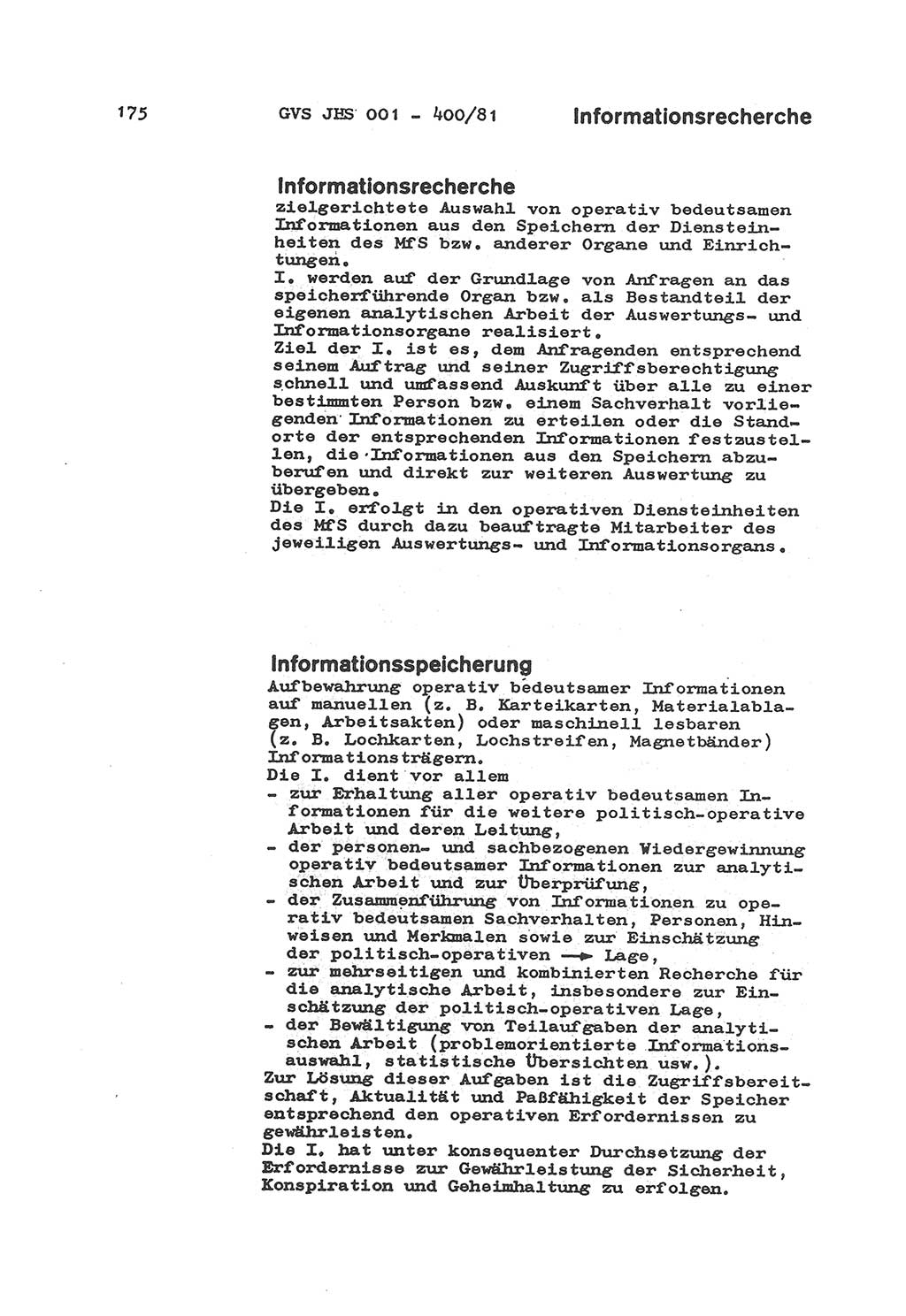 Wörterbuch der politisch-operativen Arbeit, Ministerium für Staatssicherheit (MfS) [Deutsche Demokratische Republik (DDR)], Juristische Hochschule (JHS), Geheime Verschlußsache (GVS) o001-400/81, Potsdam 1985, Blatt 175 (Wb. pol.-op. Arb. MfS DDR JHS GVS o001-400/81 1985, Bl. 175)