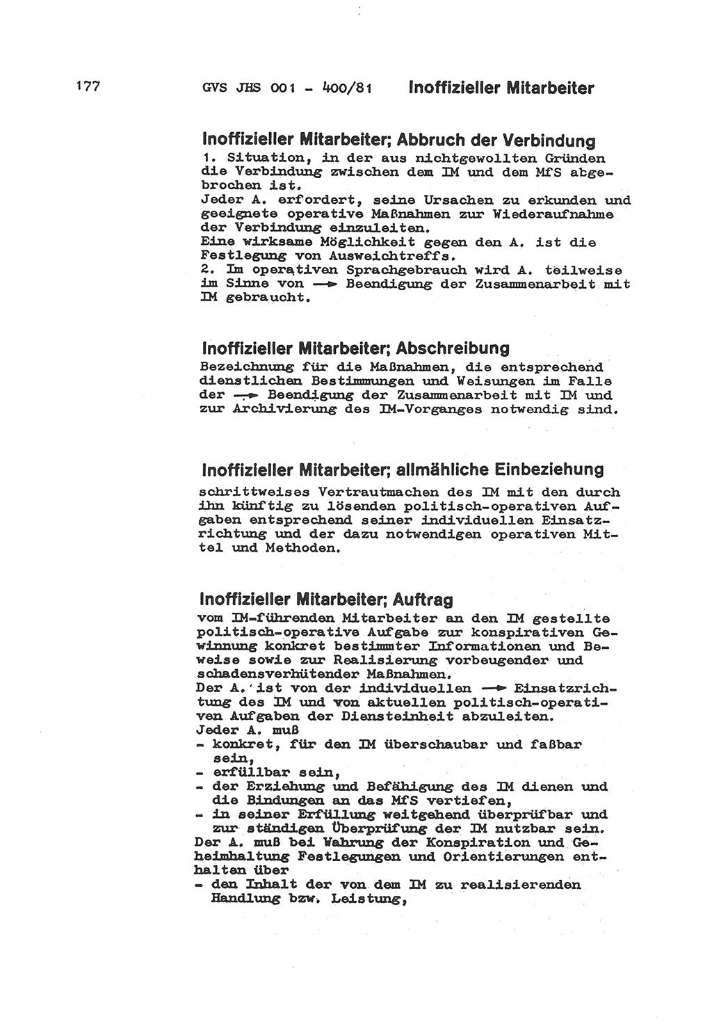 Wörterbuch der politisch-operativen Arbeit, Ministerium für Staatssicherheit (MfS) [Deutsche Demokratische Republik (DDR)], Juristische Hochschule (JHS), Geheime Verschlußsache (GVS) o001-400/81, Potsdam 1985, Blatt 177 (Wb. pol.-op. Arb. MfS DDR JHS GVS o001-400/81 1985, Bl. 177)