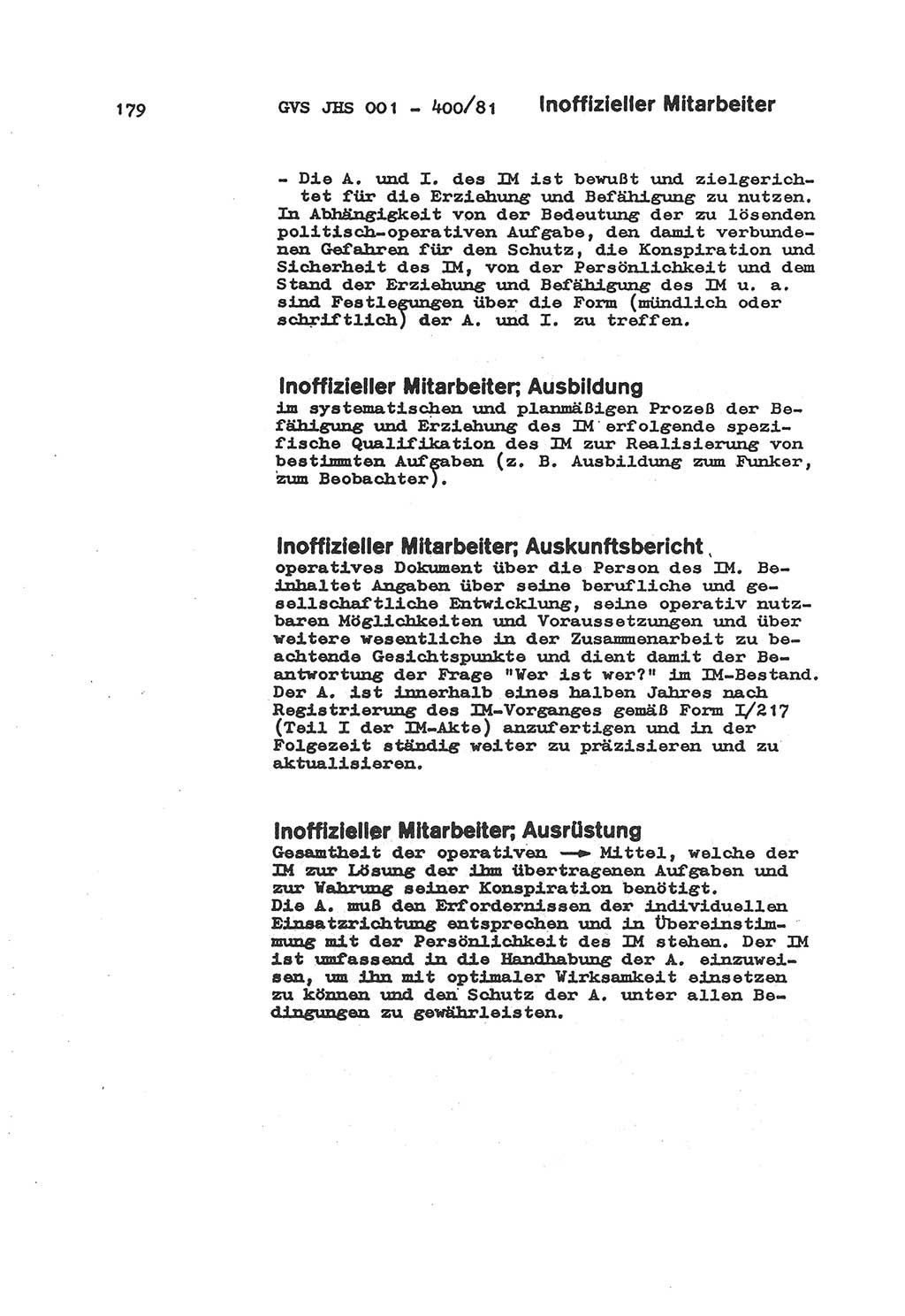 Wörterbuch der politisch-operativen Arbeit, Ministerium für Staatssicherheit (MfS) [Deutsche Demokratische Republik (DDR)], Juristische Hochschule (JHS), Geheime Verschlußsache (GVS) o001-400/81, Potsdam 1985, Blatt 179 (Wb. pol.-op. Arb. MfS DDR JHS GVS o001-400/81 1985, Bl. 179)