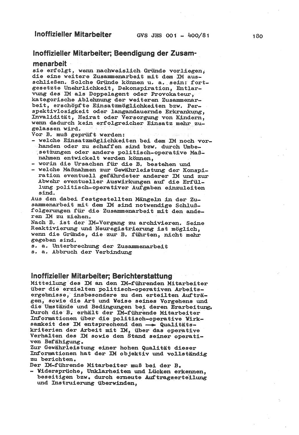 Wörterbuch der politisch-operativen Arbeit, Ministerium für Staatssicherheit (MfS) [Deutsche Demokratische Republik (DDR)], Juristische Hochschule (JHS), Geheime Verschlußsache (GVS) o001-400/81, Potsdam 1985, Blatt 180 (Wb. pol.-op. Arb. MfS DDR JHS GVS o001-400/81 1985, Bl. 180)