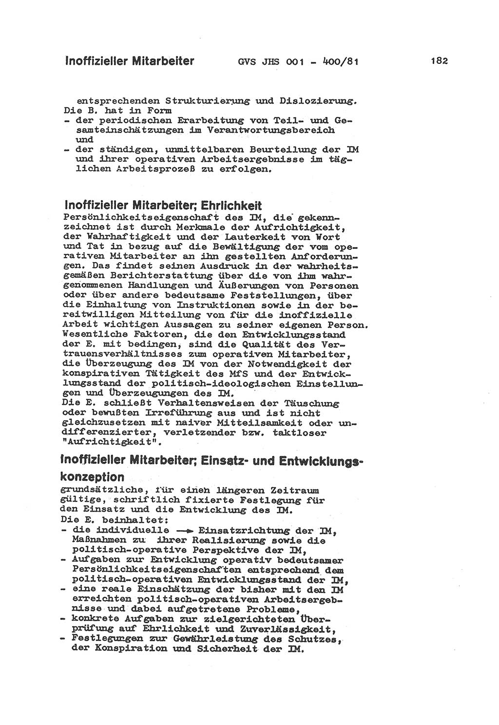 Wörterbuch der politisch-operativen Arbeit, Ministerium für Staatssicherheit (MfS) [Deutsche Demokratische Republik (DDR)], Juristische Hochschule (JHS), Geheime Verschlußsache (GVS) o001-400/81, Potsdam 1985, Blatt 182 (Wb. pol.-op. Arb. MfS DDR JHS GVS o001-400/81 1985, Bl. 182)