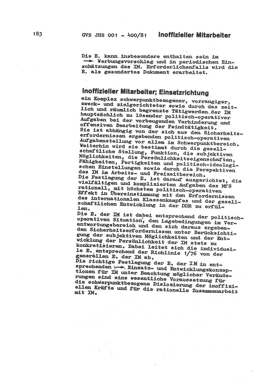 Wörterbuch der politisch-operativen Arbeit, Ministerium für Staatssicherheit (MfS) [Deutsche Demokratische Republik (DDR)], Juristische Hochschule (JHS), Geheime Verschlußsache (GVS) o001-400/81, Potsdam 1985, Blatt 183 (Wb. pol.-op. Arb. MfS DDR JHS GVS o001-400/81 1985, Bl. 183)