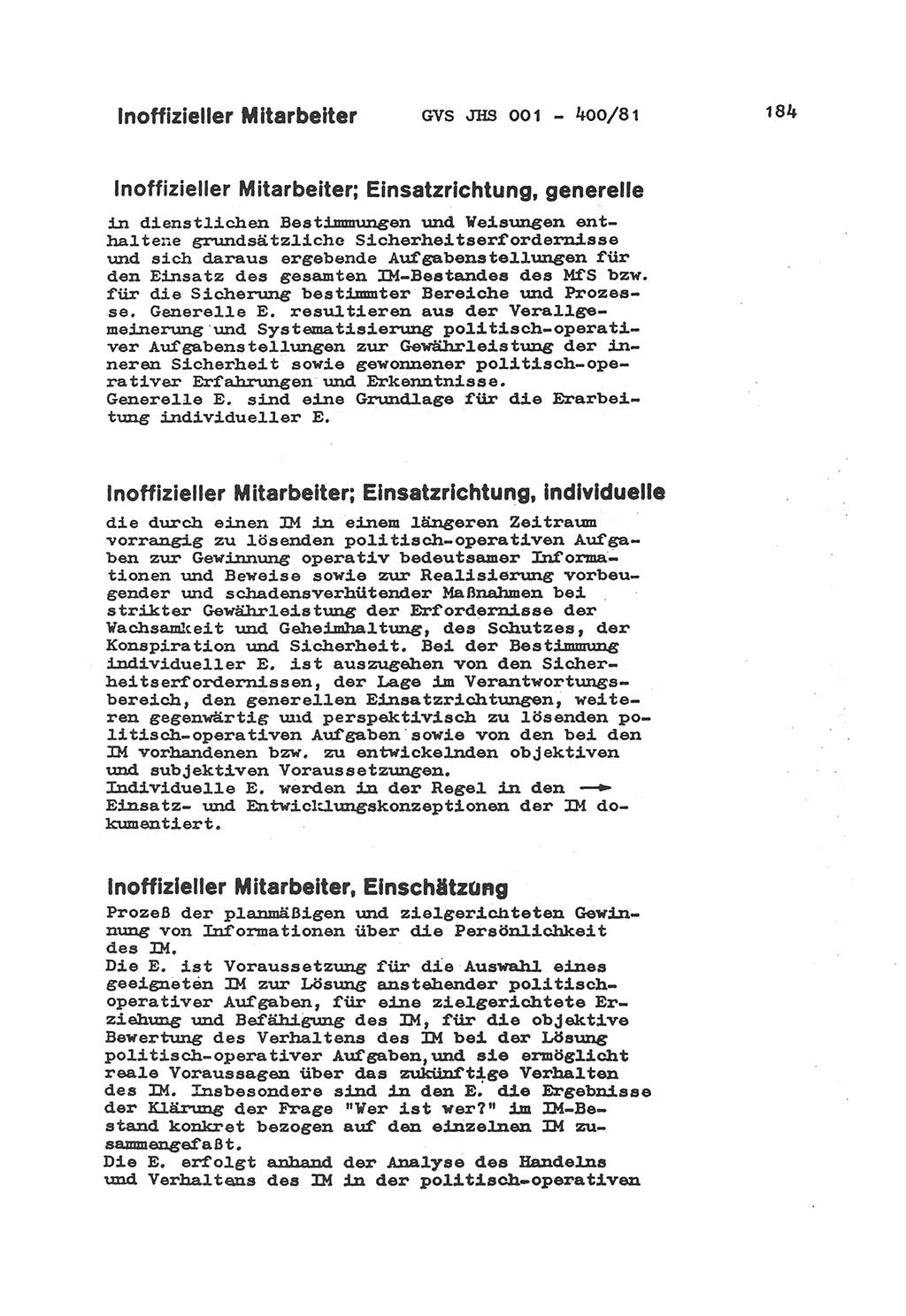 Wörterbuch der politisch-operativen Arbeit, Ministerium für Staatssicherheit (MfS) [Deutsche Demokratische Republik (DDR)], Juristische Hochschule (JHS), Geheime Verschlußsache (GVS) o001-400/81, Potsdam 1985, Blatt 184 (Wb. pol.-op. Arb. MfS DDR JHS GVS o001-400/81 1985, Bl. 184)