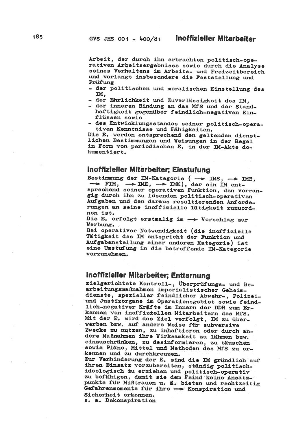 Wörterbuch der politisch-operativen Arbeit, Ministerium für Staatssicherheit (MfS) [Deutsche Demokratische Republik (DDR)], Juristische Hochschule (JHS), Geheime Verschlußsache (GVS) o001-400/81, Potsdam 1985, Blatt 185 (Wb. pol.-op. Arb. MfS DDR JHS GVS o001-400/81 1985, Bl. 185)