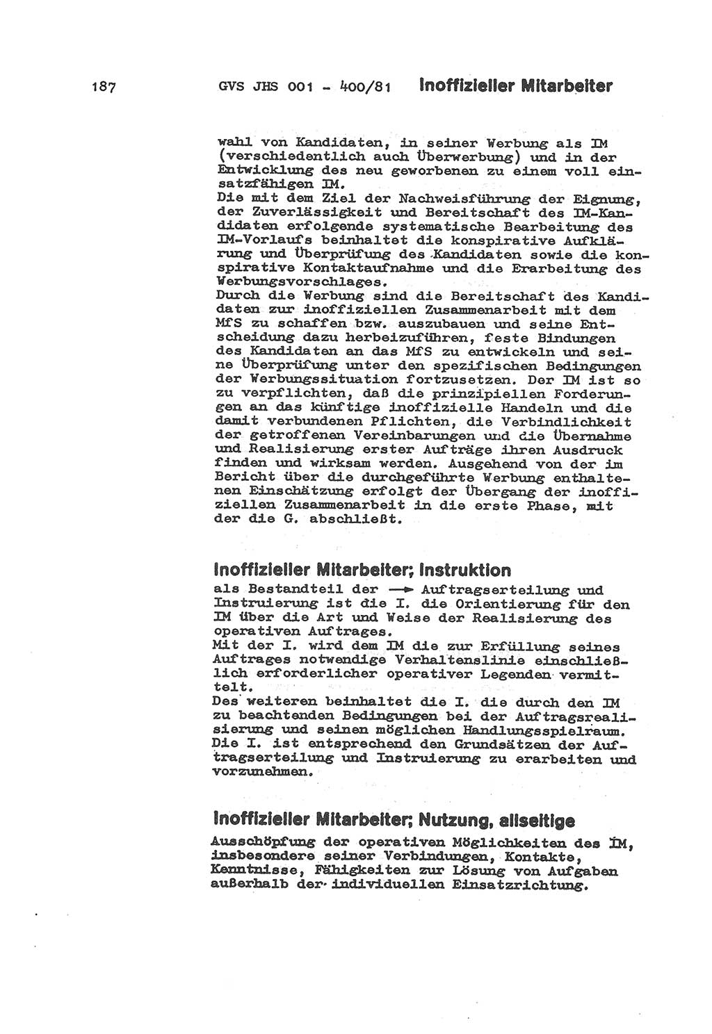 Wörterbuch der politisch-operativen Arbeit, Ministerium für Staatssicherheit (MfS) [Deutsche Demokratische Republik (DDR)], Juristische Hochschule (JHS), Geheime Verschlußsache (GVS) o001-400/81, Potsdam 1985, Blatt 187 (Wb. pol.-op. Arb. MfS DDR JHS GVS o001-400/81 1985, Bl. 187)