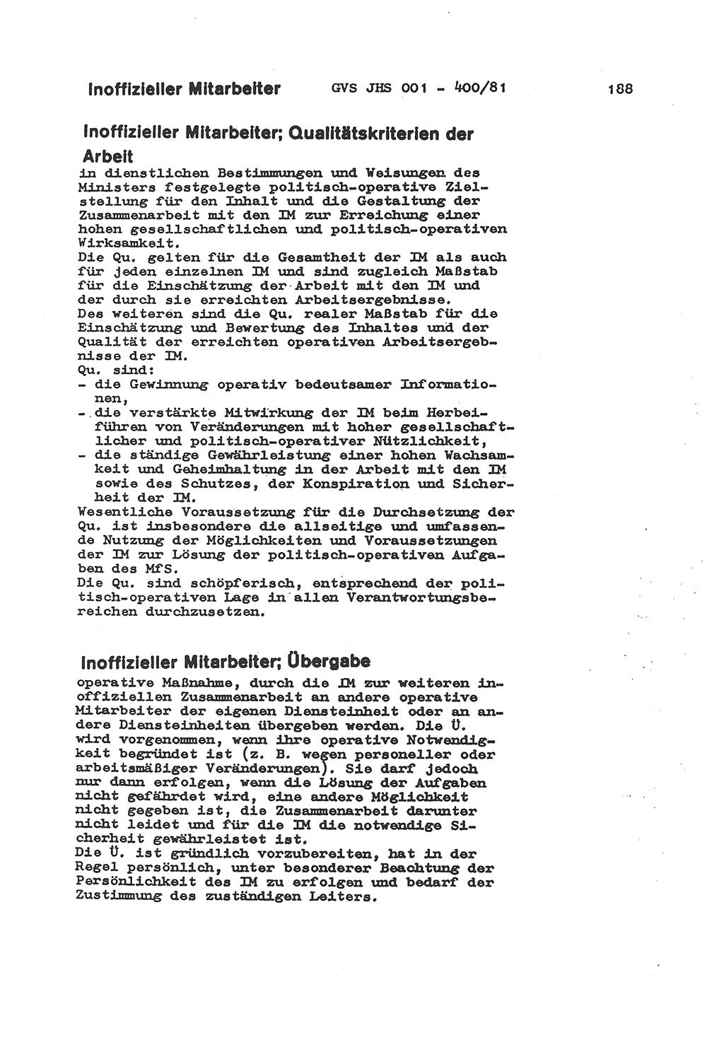 Wörterbuch der politisch-operativen Arbeit, Ministerium für Staatssicherheit (MfS) [Deutsche Demokratische Republik (DDR)], Juristische Hochschule (JHS), Geheime Verschlußsache (GVS) o001-400/81, Potsdam 1985, Blatt 188 (Wb. pol.-op. Arb. MfS DDR JHS GVS o001-400/81 1985, Bl. 188)