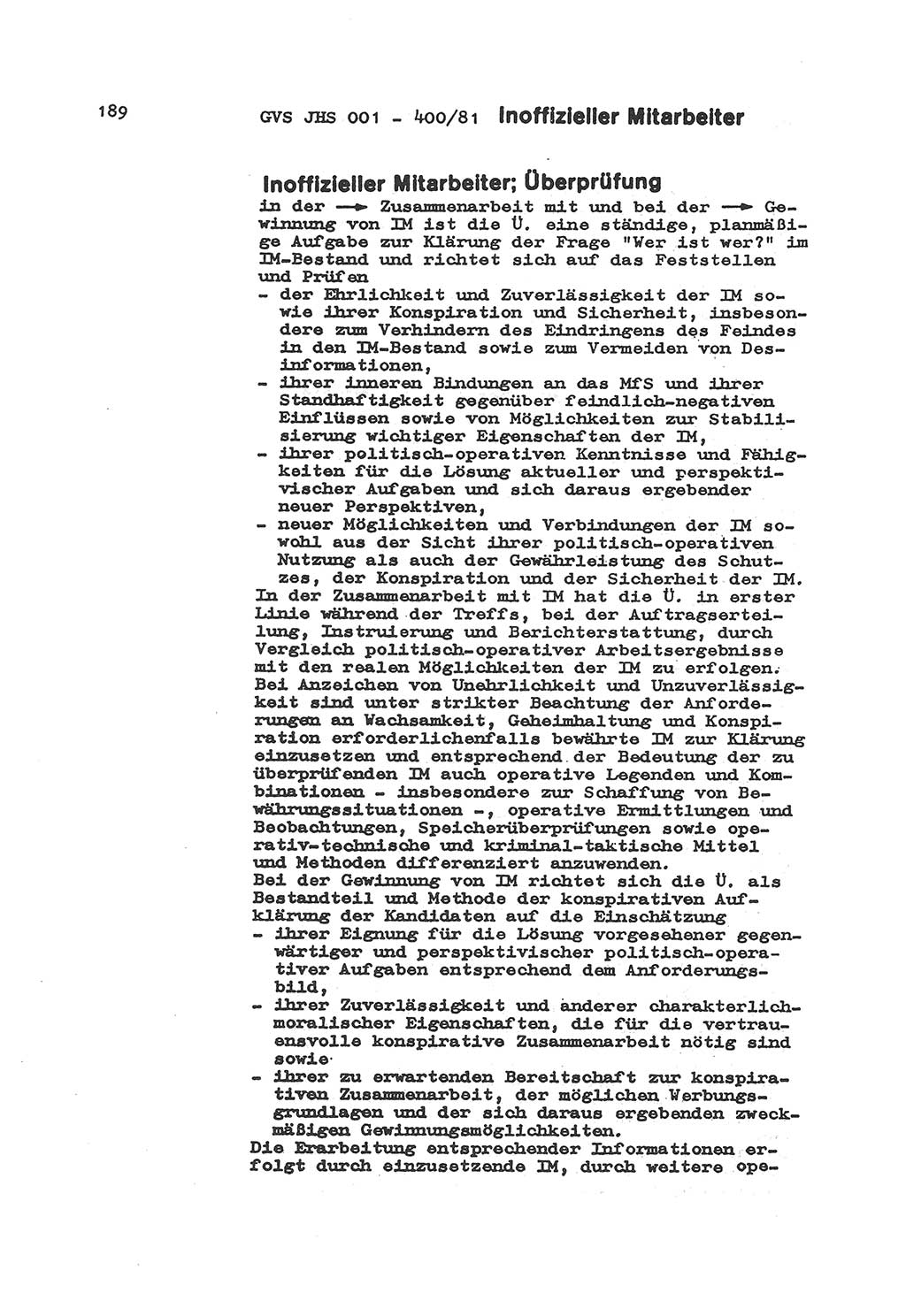 Wörterbuch der politisch-operativen Arbeit, Ministerium für Staatssicherheit (MfS) [Deutsche Demokratische Republik (DDR)], Juristische Hochschule (JHS), Geheime Verschlußsache (GVS) o001-400/81, Potsdam 1985, Blatt 189 (Wb. pol.-op. Arb. MfS DDR JHS GVS o001-400/81 1985, Bl. 189)