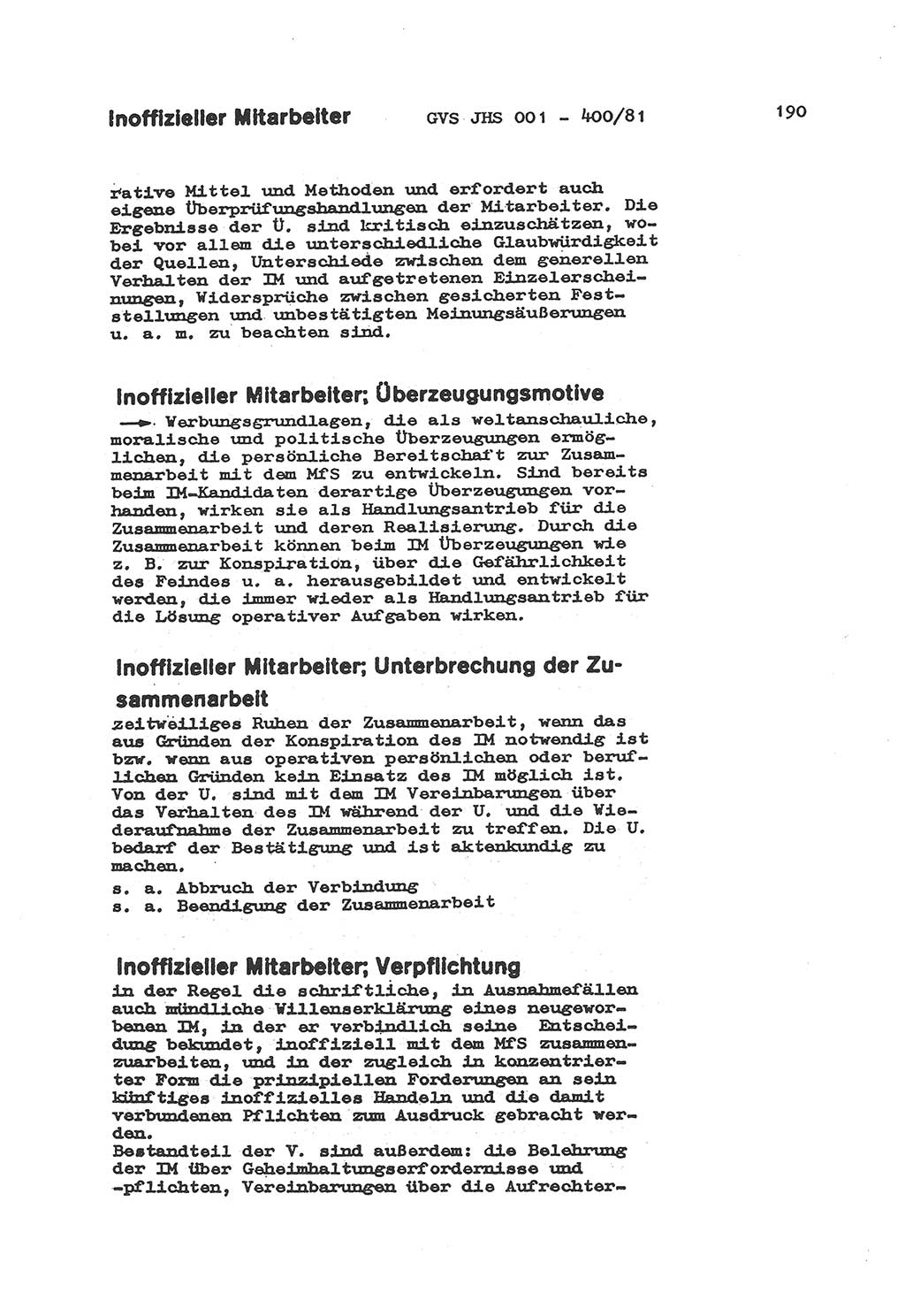 Wörterbuch der politisch-operativen Arbeit, Ministerium für Staatssicherheit (MfS) [Deutsche Demokratische Republik (DDR)], Juristische Hochschule (JHS), Geheime Verschlußsache (GVS) o001-400/81, Potsdam 1985, Blatt 190 (Wb. pol.-op. Arb. MfS DDR JHS GVS o001-400/81 1985, Bl. 190)