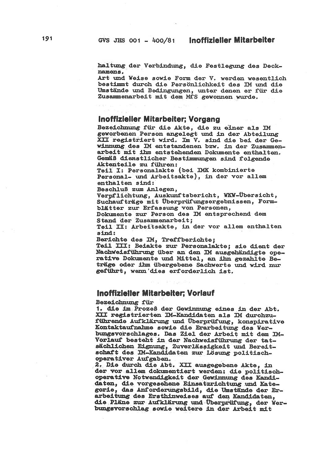 Wörterbuch der politisch-operativen Arbeit, Ministerium für Staatssicherheit (MfS) [Deutsche Demokratische Republik (DDR)], Juristische Hochschule (JHS), Geheime Verschlußsache (GVS) o001-400/81, Potsdam 1985, Blatt 191 (Wb. pol.-op. Arb. MfS DDR JHS GVS o001-400/81 1985, Bl. 191)