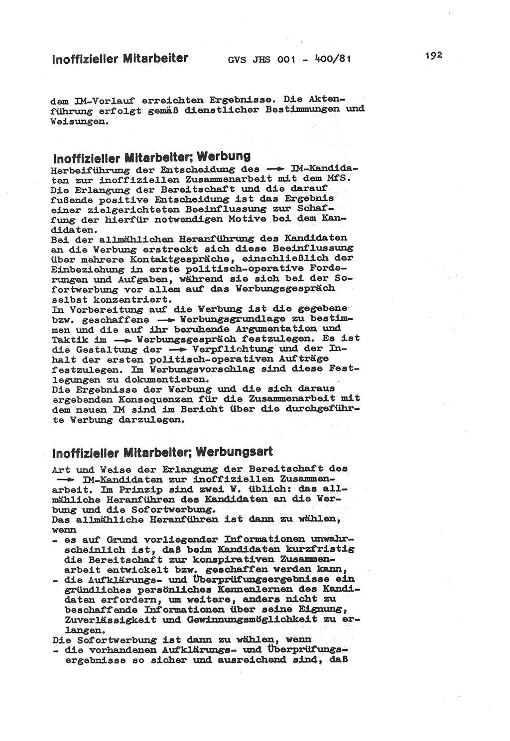 Wörterbuch der politisch-operativen Arbeit, Ministerium für Staatssicherheit (MfS) [Deutsche Demokratische Republik (DDR)], Juristische Hochschule (JHS), Geheime Verschlußsache (GVS) o001-400/81, Potsdam 1985, Blatt 192 (Wb. pol.-op. Arb. MfS DDR JHS GVS o001-400/81 1985, Bl. 192)