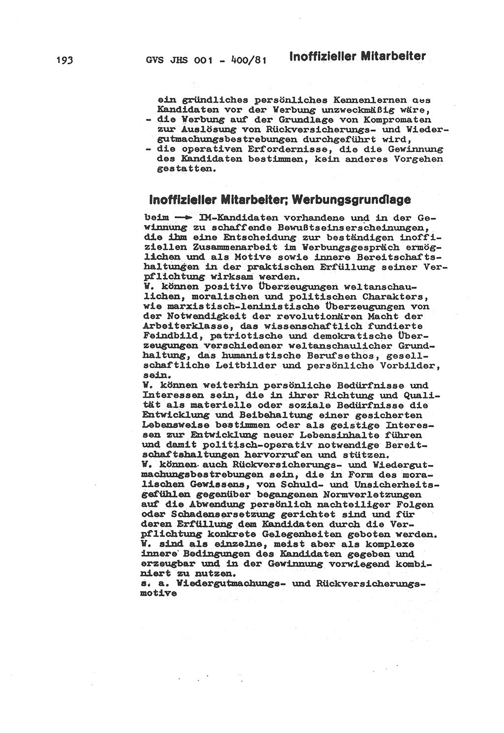 Wörterbuch der politisch-operativen Arbeit, Ministerium für Staatssicherheit (MfS) [Deutsche Demokratische Republik (DDR)], Juristische Hochschule (JHS), Geheime Verschlußsache (GVS) o001-400/81, Potsdam 1985, Blatt 193 (Wb. pol.-op. Arb. MfS DDR JHS GVS o001-400/81 1985, Bl. 193)