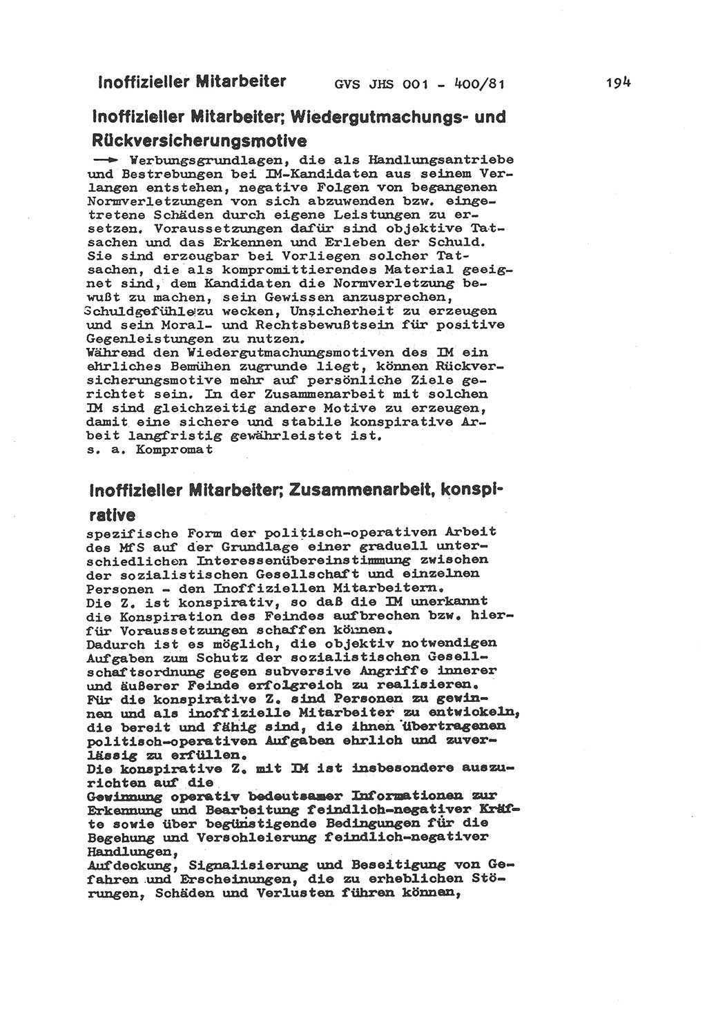 Wörterbuch der politisch-operativen Arbeit, Ministerium für Staatssicherheit (MfS) [Deutsche Demokratische Republik (DDR)], Juristische Hochschule (JHS), Geheime Verschlußsache (GVS) o001-400/81, Potsdam 1985, Blatt 194 (Wb. pol.-op. Arb. MfS DDR JHS GVS o001-400/81 1985, Bl. 194)