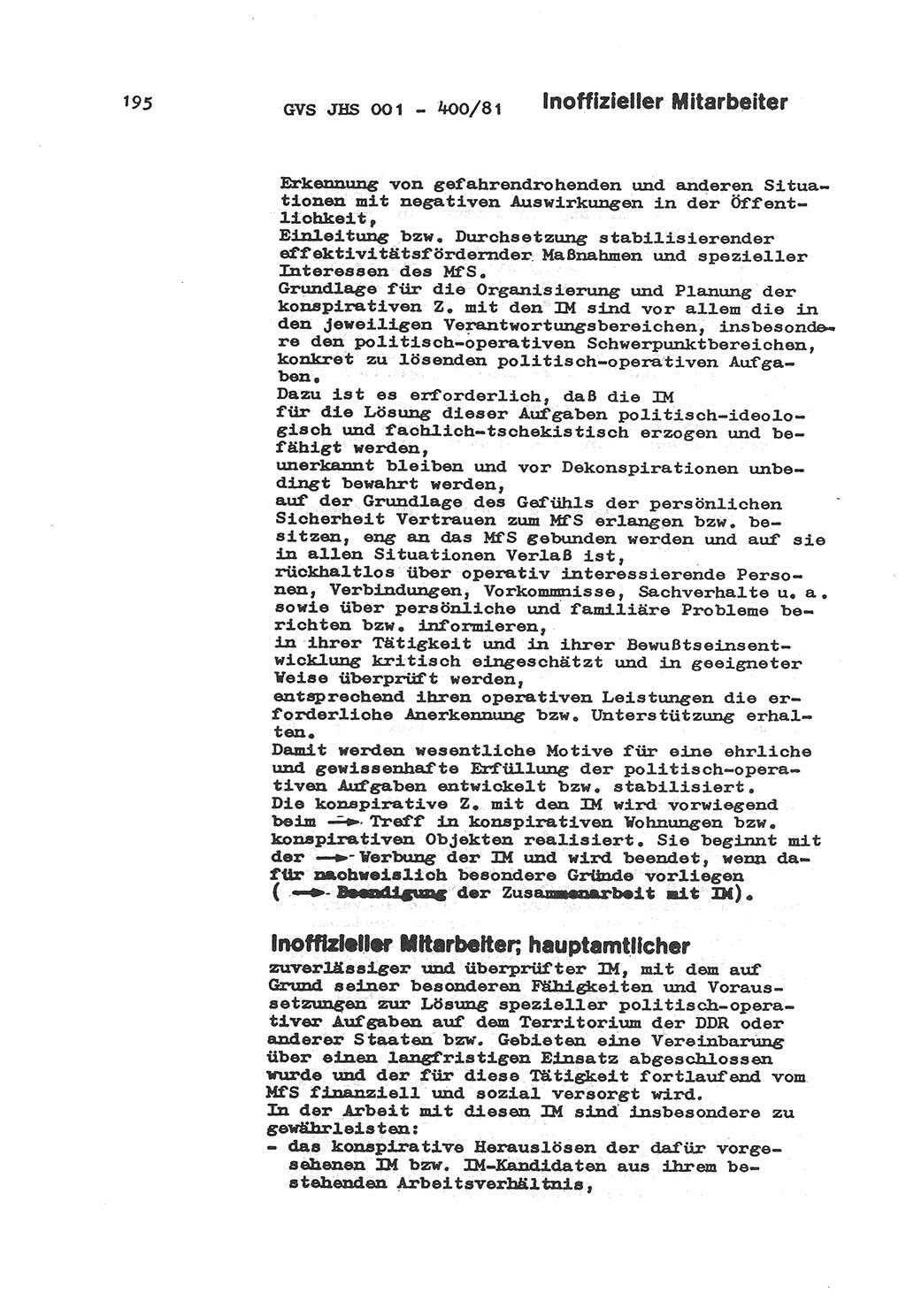 Wörterbuch der politisch-operativen Arbeit, Ministerium für Staatssicherheit (MfS) [Deutsche Demokratische Republik (DDR)], Juristische Hochschule (JHS), Geheime Verschlußsache (GVS) o001-400/81, Potsdam 1985, Blatt 195 (Wb. pol.-op. Arb. MfS DDR JHS GVS o001-400/81 1985, Bl. 195)