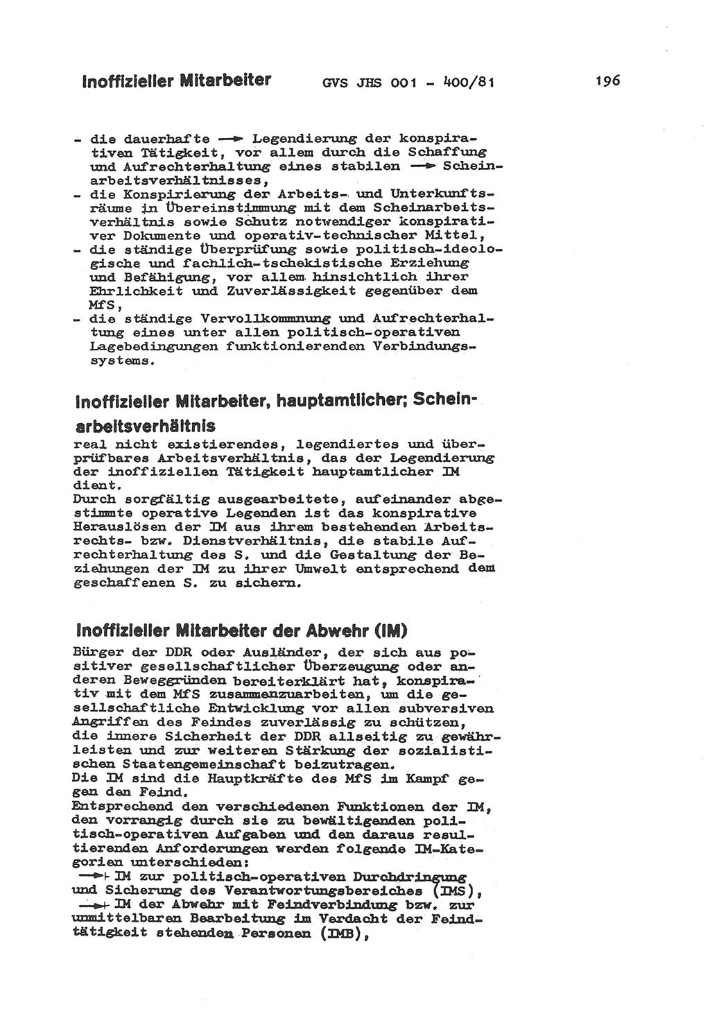 Wörterbuch der politisch-operativen Arbeit, Ministerium für Staatssicherheit (MfS) [Deutsche Demokratische Republik (DDR)], Juristische Hochschule (JHS), Geheime Verschlußsache (GVS) o001-400/81, Potsdam 1985, Blatt 196 (Wb. pol.-op. Arb. MfS DDR JHS GVS o001-400/81 1985, Bl. 196)