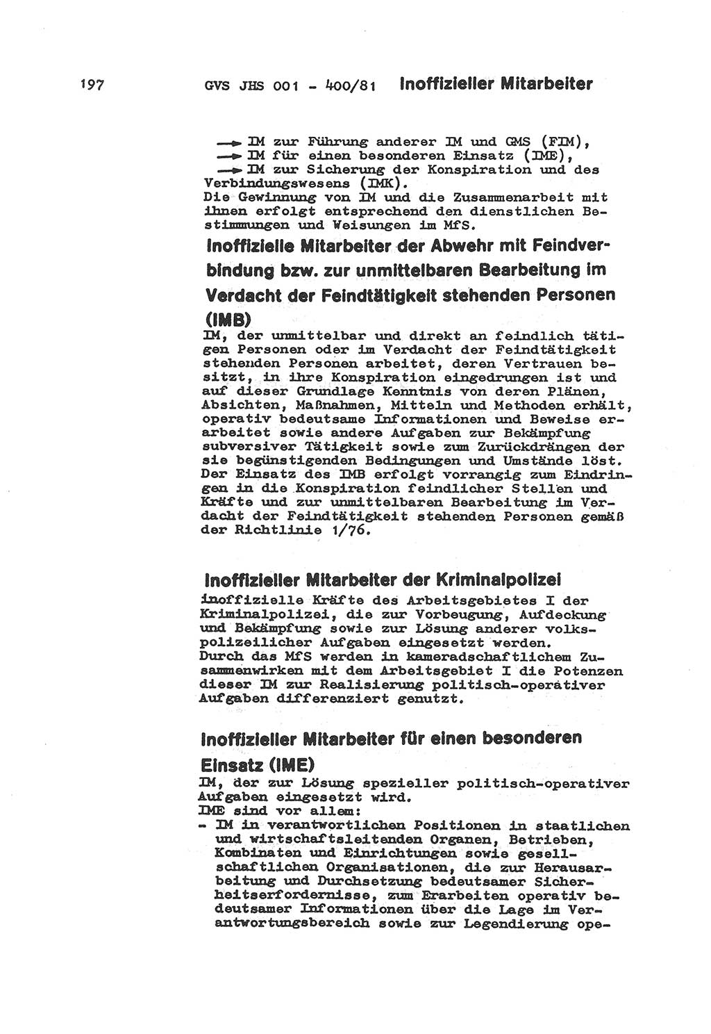 Wörterbuch der politisch-operativen Arbeit, Ministerium für Staatssicherheit (MfS) [Deutsche Demokratische Republik (DDR)], Juristische Hochschule (JHS), Geheime Verschlußsache (GVS) o001-400/81, Potsdam 1985, Blatt 197 (Wb. pol.-op. Arb. MfS DDR JHS GVS o001-400/81 1985, Bl. 197)