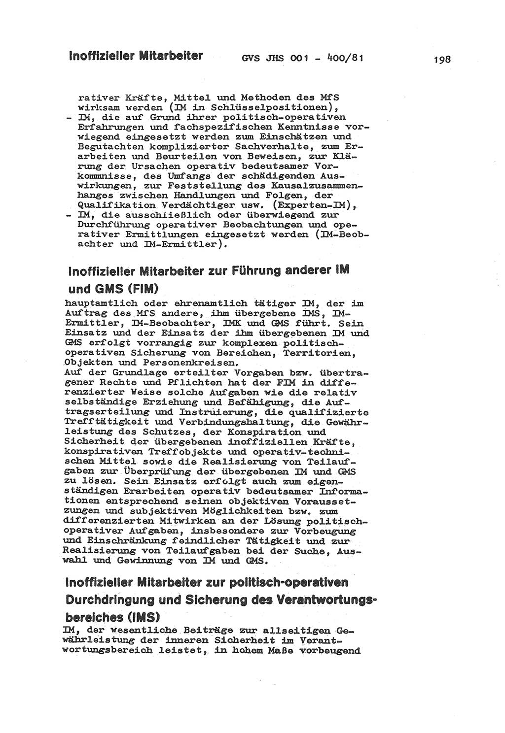 Wörterbuch der politisch-operativen Arbeit, Ministerium für Staatssicherheit (MfS) [Deutsche Demokratische Republik (DDR)], Juristische Hochschule (JHS), Geheime Verschlußsache (GVS) o001-400/81, Potsdam 1985, Blatt 198 (Wb. pol.-op. Arb. MfS DDR JHS GVS o001-400/81 1985, Bl. 198)