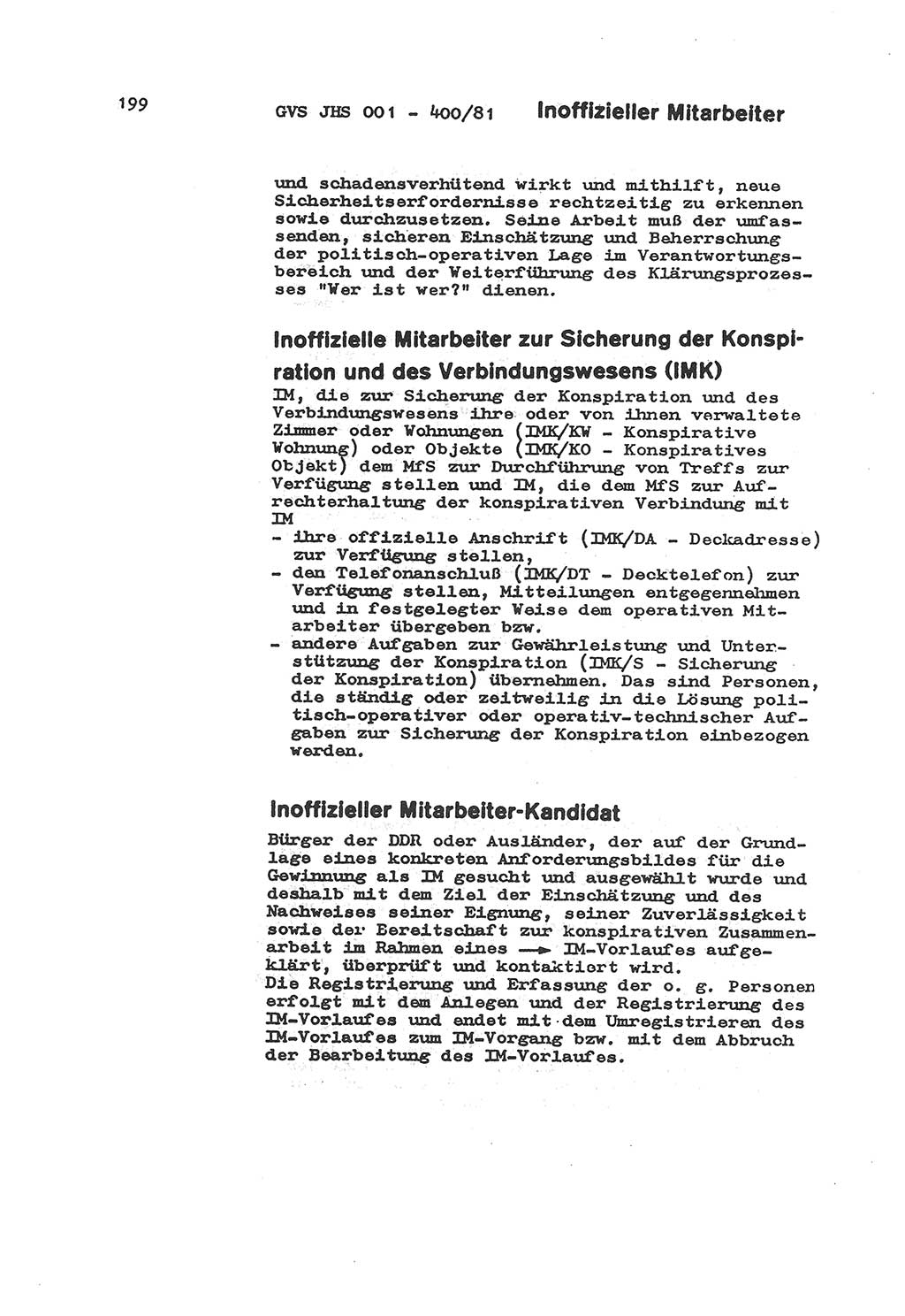 Wörterbuch der politisch-operativen Arbeit, Ministerium für Staatssicherheit (MfS) [Deutsche Demokratische Republik (DDR)], Juristische Hochschule (JHS), Geheime Verschlußsache (GVS) o001-400/81, Potsdam 1985, Blatt 199 (Wb. pol.-op. Arb. MfS DDR JHS GVS o001-400/81 1985, Bl. 199)