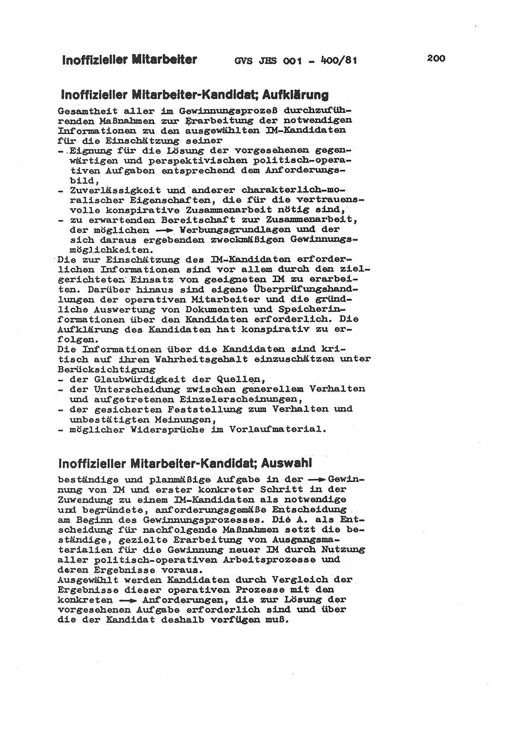 Wörterbuch der politisch-operativen Arbeit, Ministerium für Staatssicherheit (MfS) [Deutsche Demokratische Republik (DDR)], Juristische Hochschule (JHS), Geheime Verschlußsache (GVS) o001-400/81, Potsdam 1985, Blatt 200 (Wb. pol.-op. Arb. MfS DDR JHS GVS o001-400/81 1985, Bl. 200)